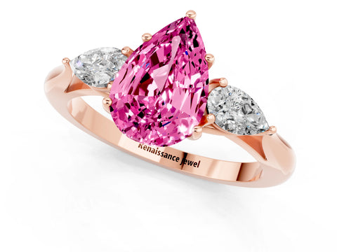 Rose gold Pear Cut Pink Sapphire Three-Stone Ring with Pear Side Stones and Four-Prong Setting_37