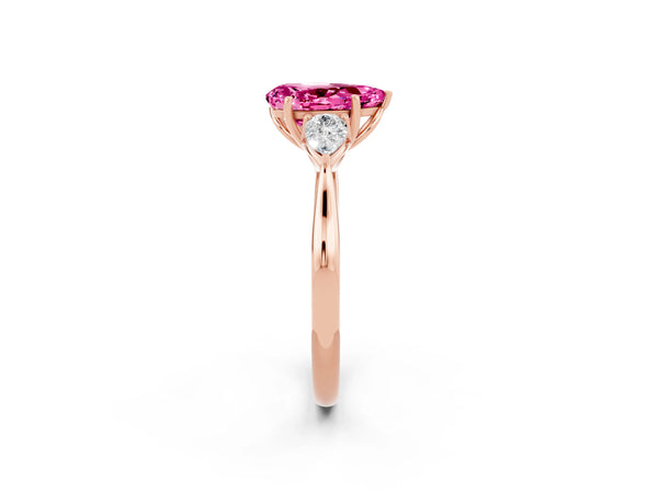 Rose gold Pear Cut Pink Sapphire Three-Stone Ring with Pear  Side Stones and Prong Setting
