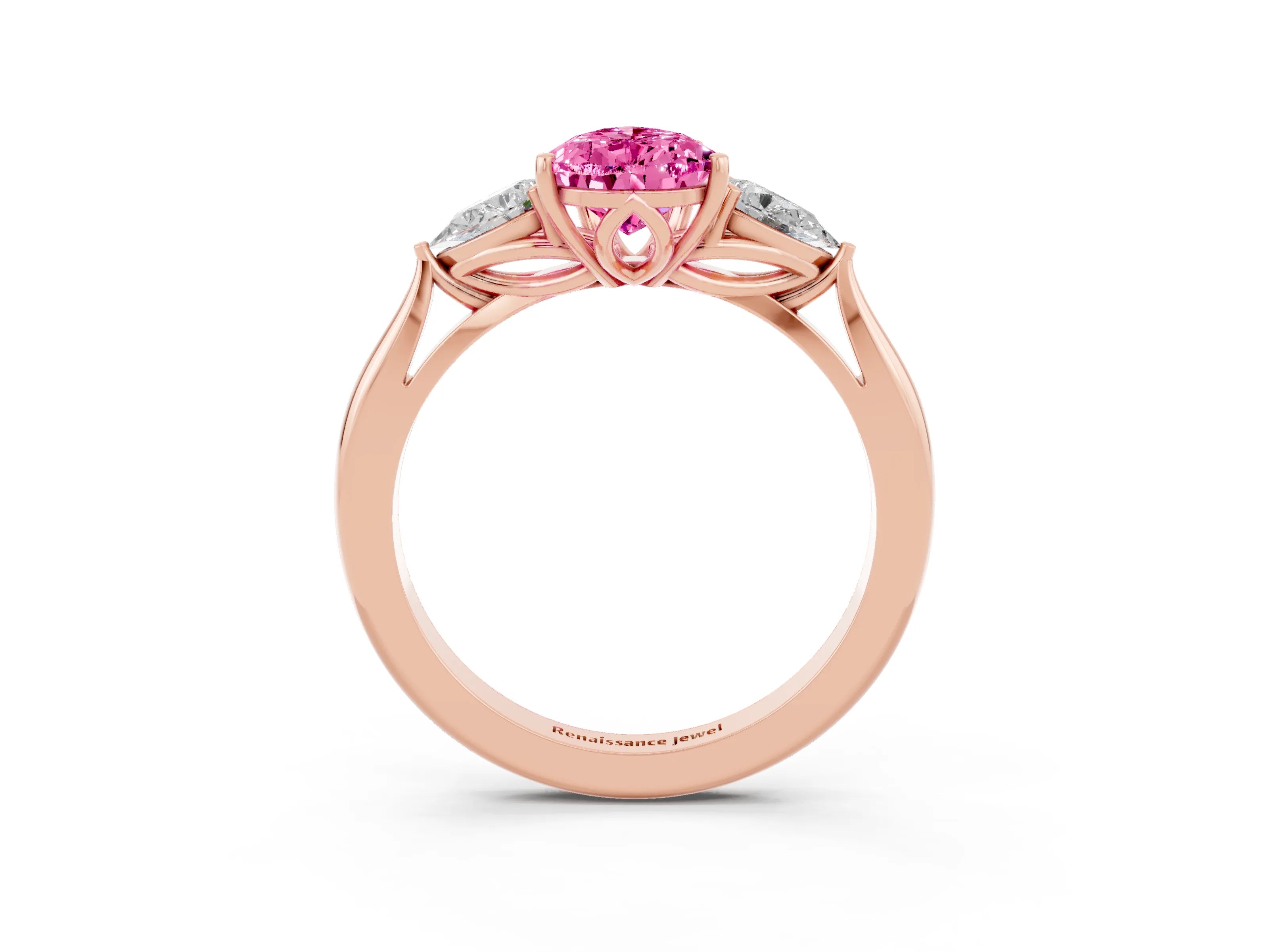 Rose gold Pear Cut Pink Sapphire Three-Stone Ring with Pear Side Stones and Four-Prong Setting_39