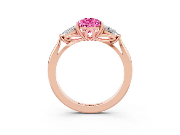 Rose gold Pear Cut Pink Sapphire Three-Stone Ring with Pear  Side Stones and Prong Setting