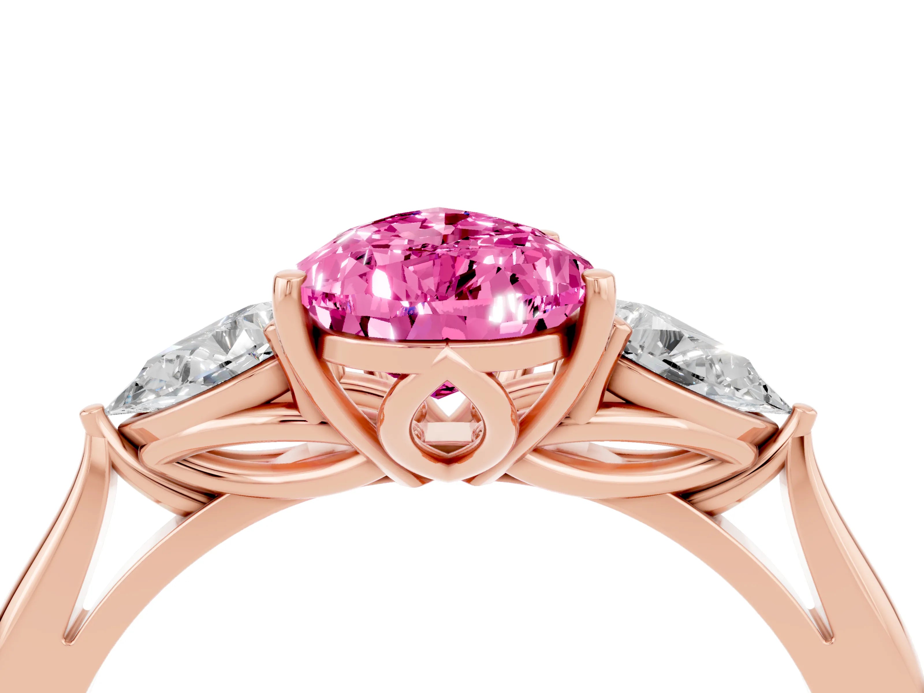 Rose gold Pear Cut Pink Sapphire Three-Stone Ring with Pear Side Stones and Four-Prong Setting_40