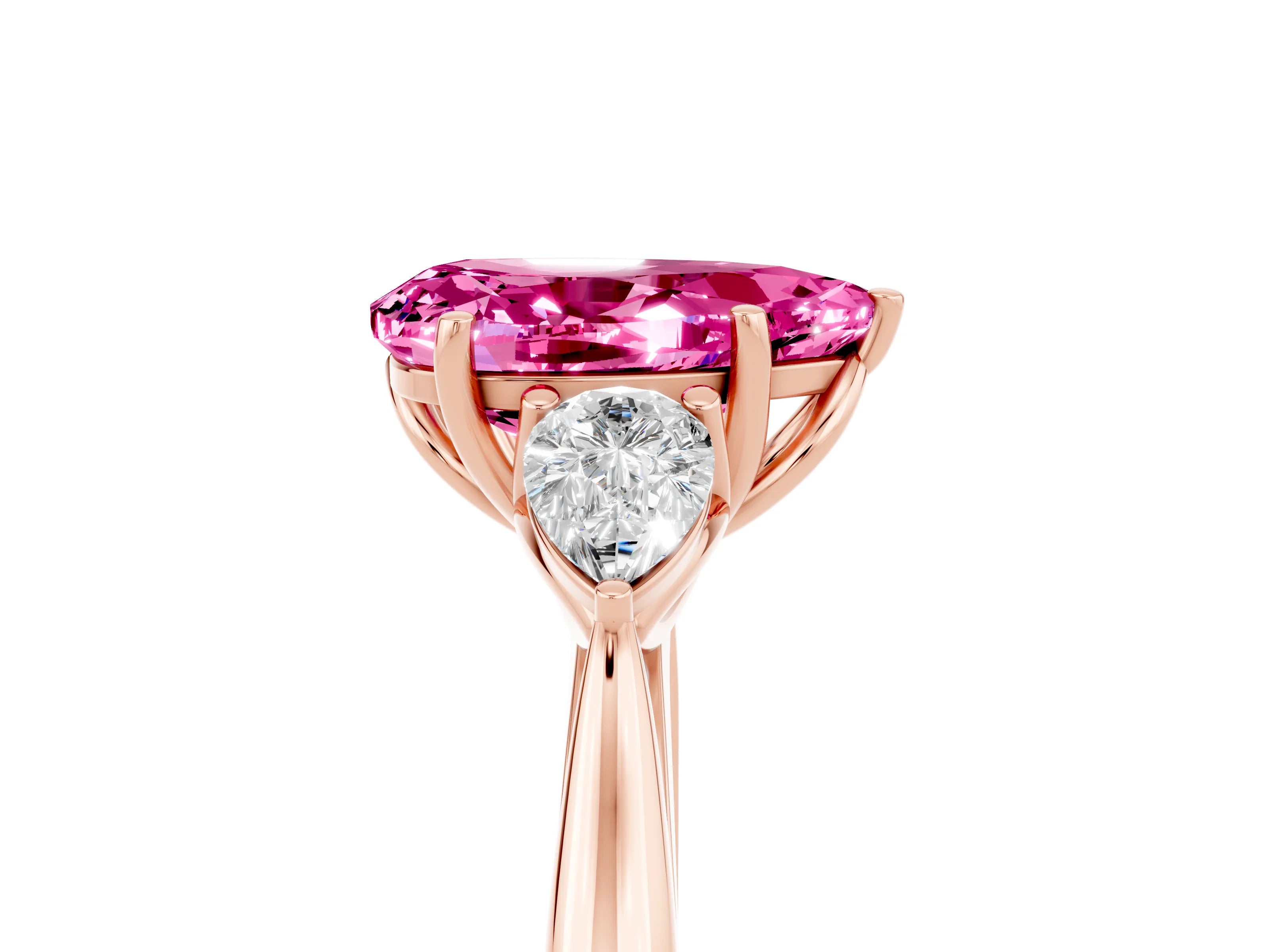 Rose gold Pear Cut Pink Sapphire Three-Stone Ring with Pear Side Stones and Four-Prong Setting_41