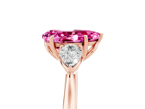 Rose gold Pear Cut Pink Sapphire Three-Stone Ring with Pear Side Stones and Four-Prong Setting_41