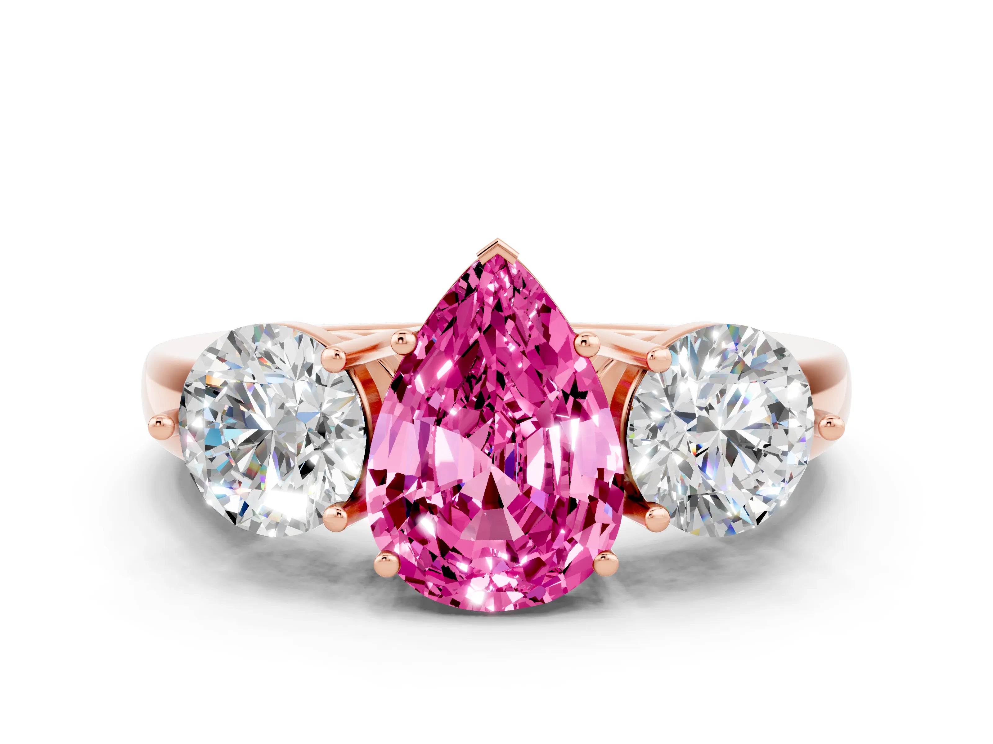 Rose gold Pear Cut Pink Sapphire Three-Stone Ring with Prong Setting and Classic Band
