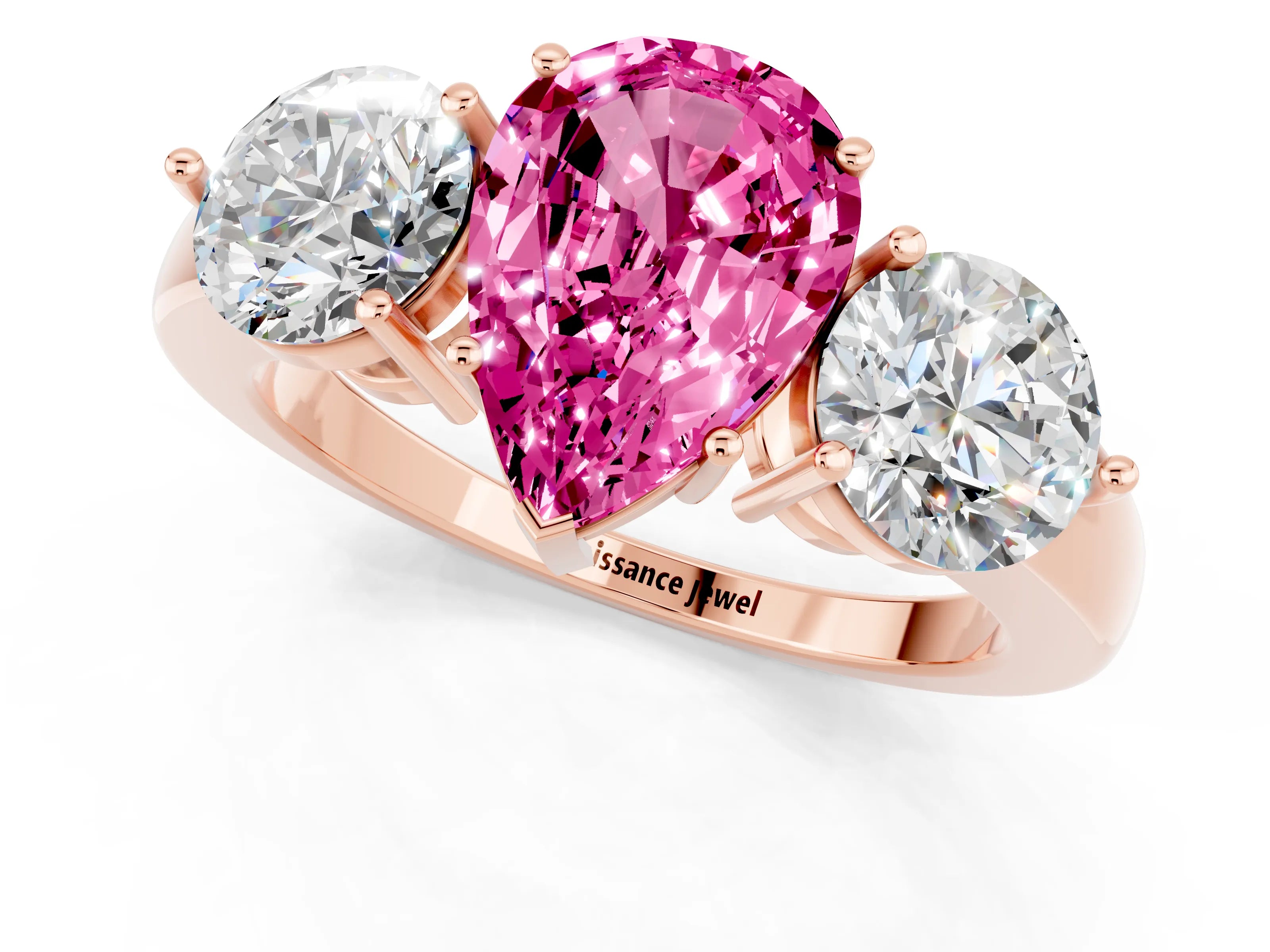 Rose gold Pear Cut Pink Sapphire Three-Stone Ring with Prong Setting and Classic Band_1