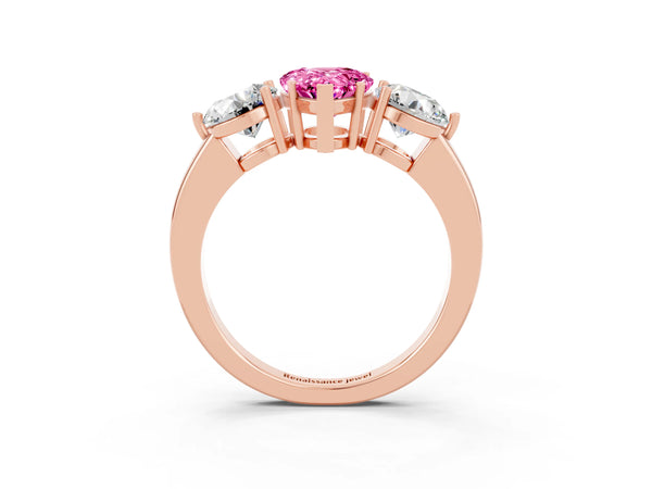 Rose gold Pear Cut Pink Sapphire Three-Stone Ring with Prong Setting and Classic Band