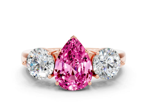 Rose gold Pear Cut Pink Sapphire Three-Stone Ring with Prong Setting and Classic Band