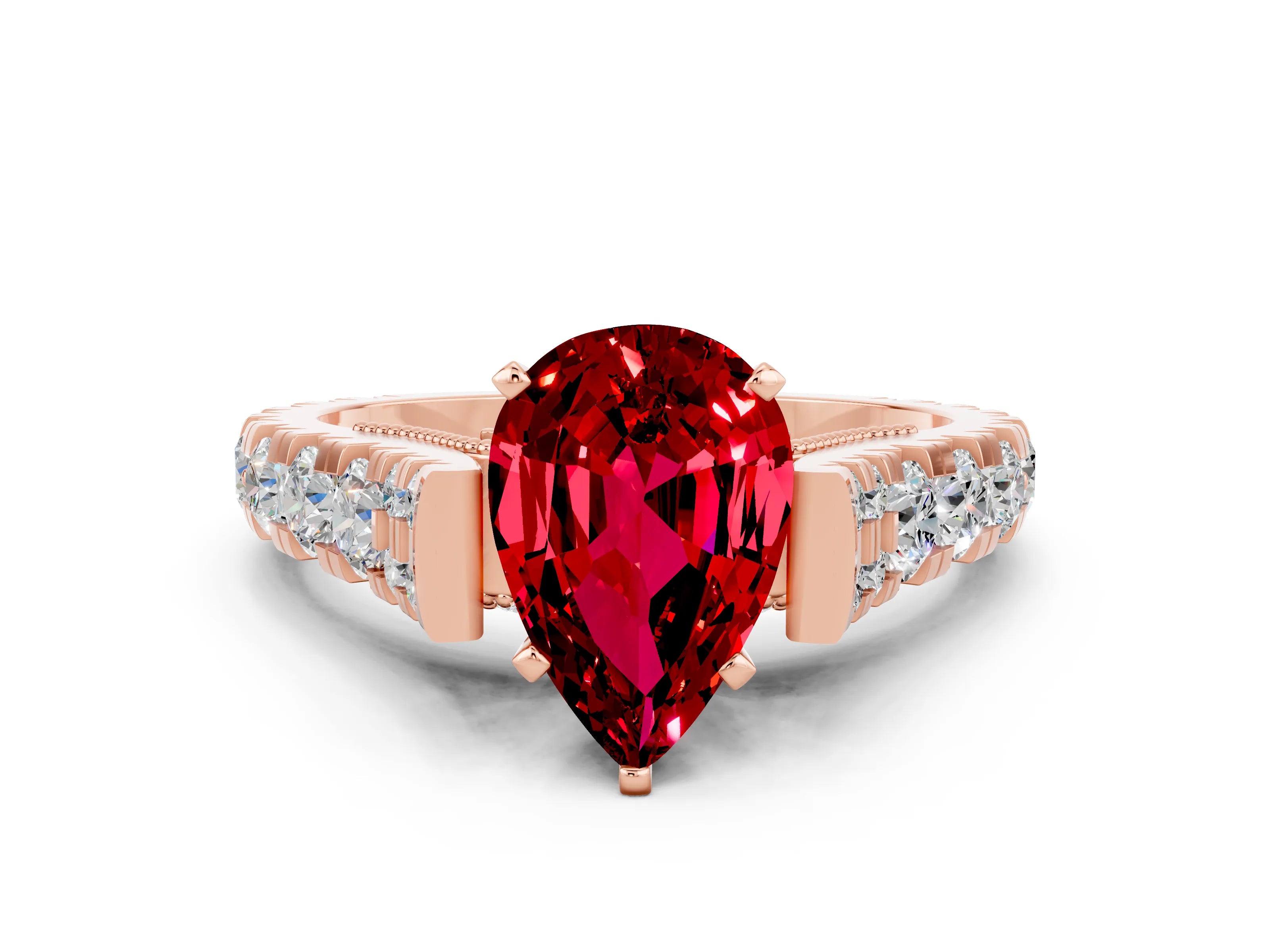 Rose gold Pear Cut Ruby Classic Solitaire Ring with Pavé Band and Four-Prong Setting