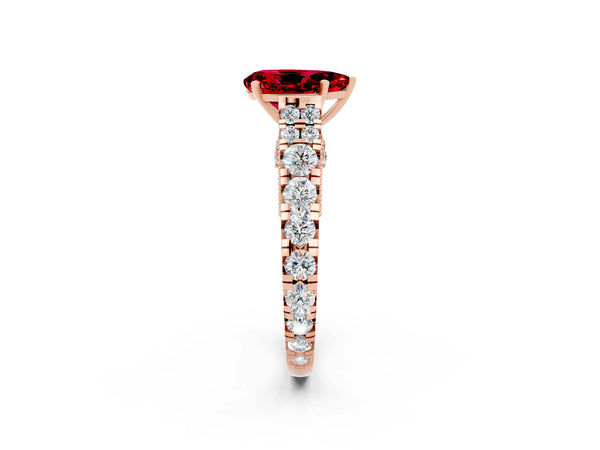 Rose gold Pear Cut Ruby Classic Solitaire Ring with Pavé Band and Four-Prong Setting