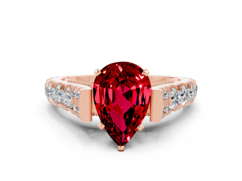Rose gold Pear Cut Ruby Classic Solitaire Ring with Pavé Band and Four-Prong Setting