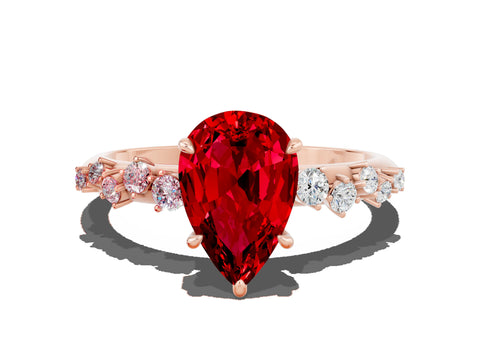 Rose gold Pear Cut Ruby Cluster Side Stone Solitaire Ring with Prong Setting_24