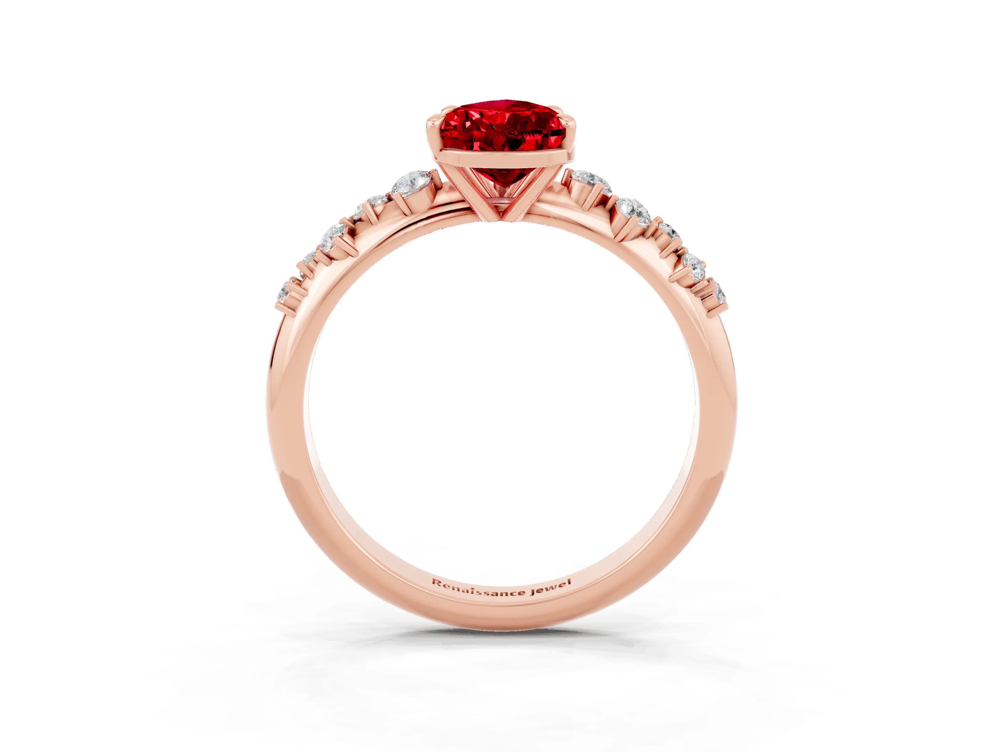 Rose gold Pear Cut Ruby Cluster Side Stone Solitaire Ring with Prong Setting_27