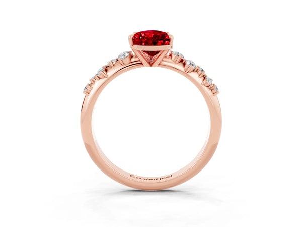 Rose gold Pear Cut Ruby Cluster Side Stone Solitaire Ring with Prong Setting