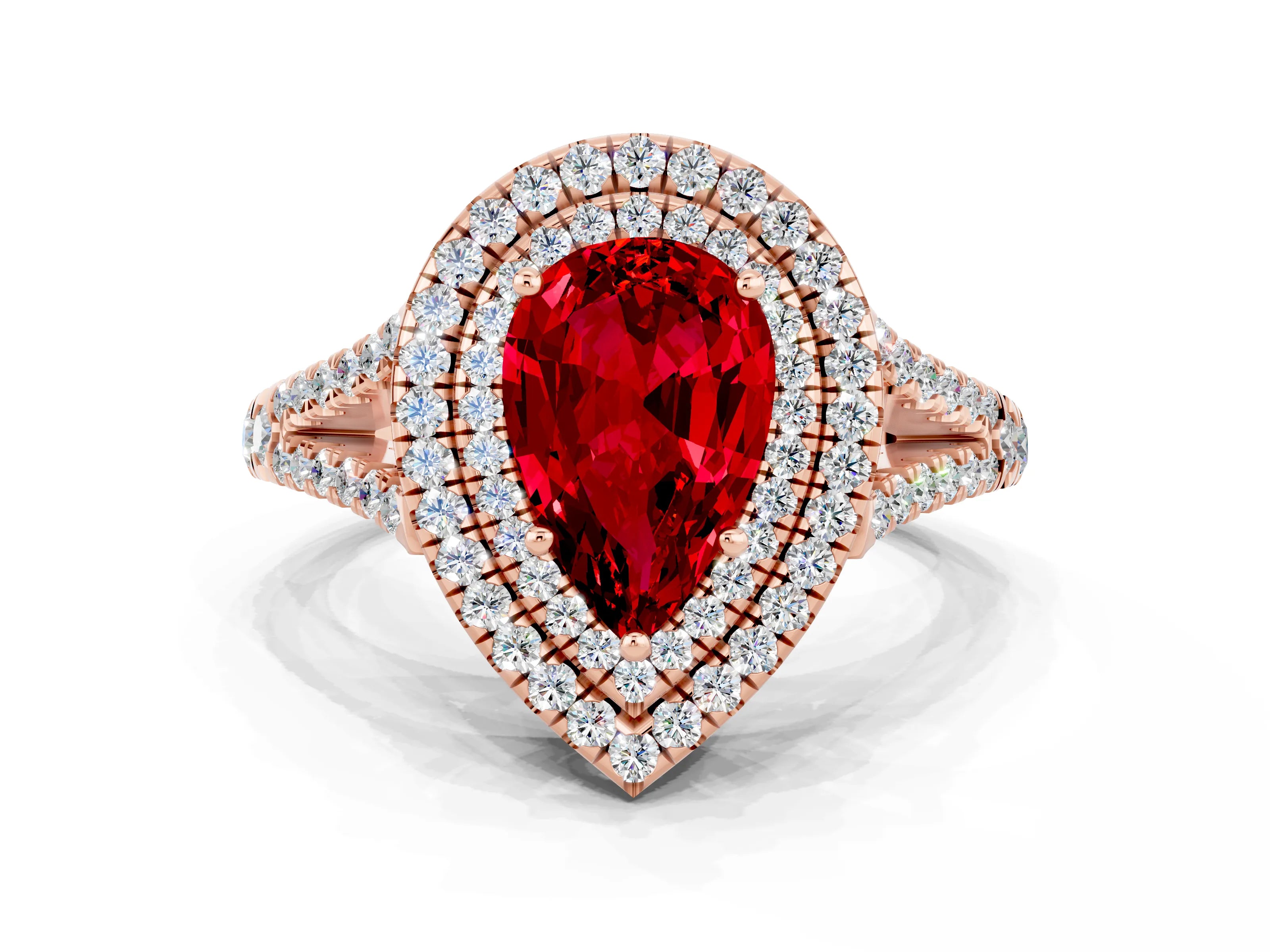 Rose gold Pear Cut Ruby Double Halo Ring with Pavé Band and Prong Setting_12