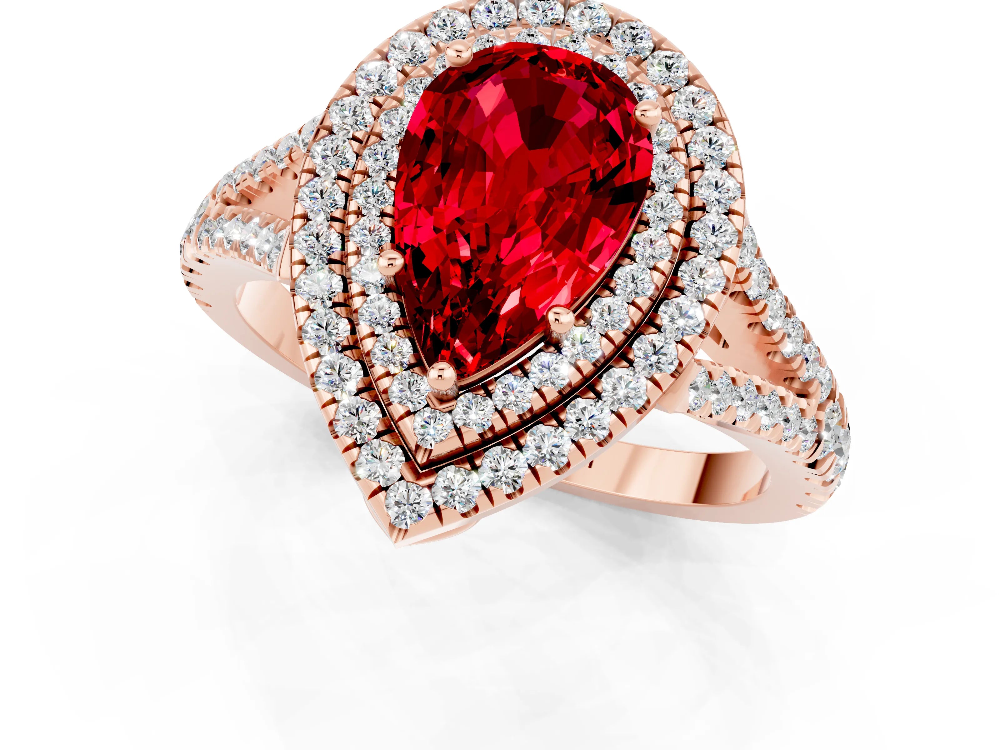 Rose gold Pear Cut Ruby Double Halo Ring with Pavé Band and Prong Setting_13