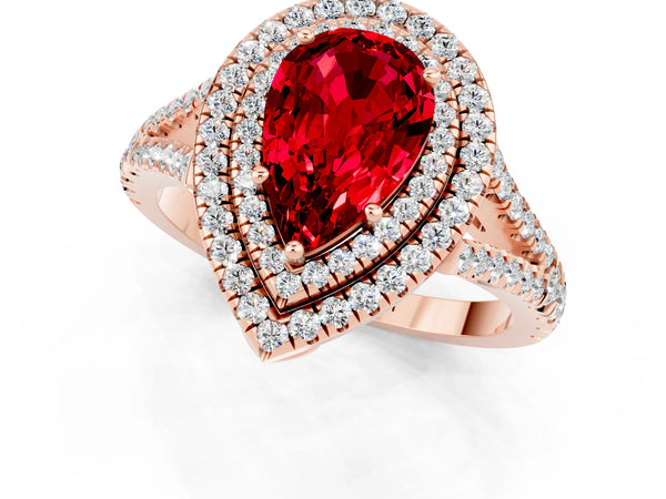 Rose gold Pear Cut Ruby Double Halo Ring with Pavé Band and Prong Setting