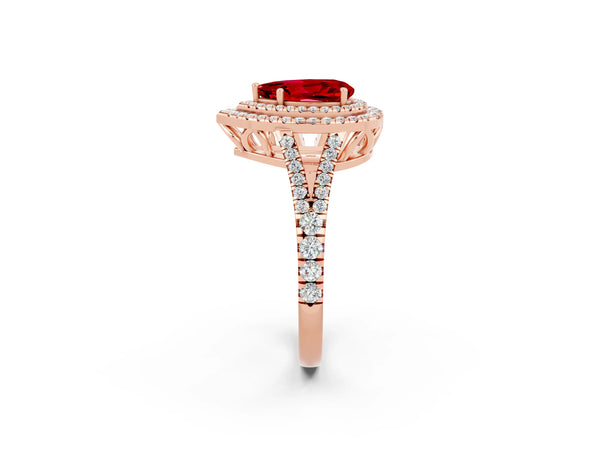 Rose gold Pear Cut Ruby Double Halo Ring with Pavé Band and Prong Setting