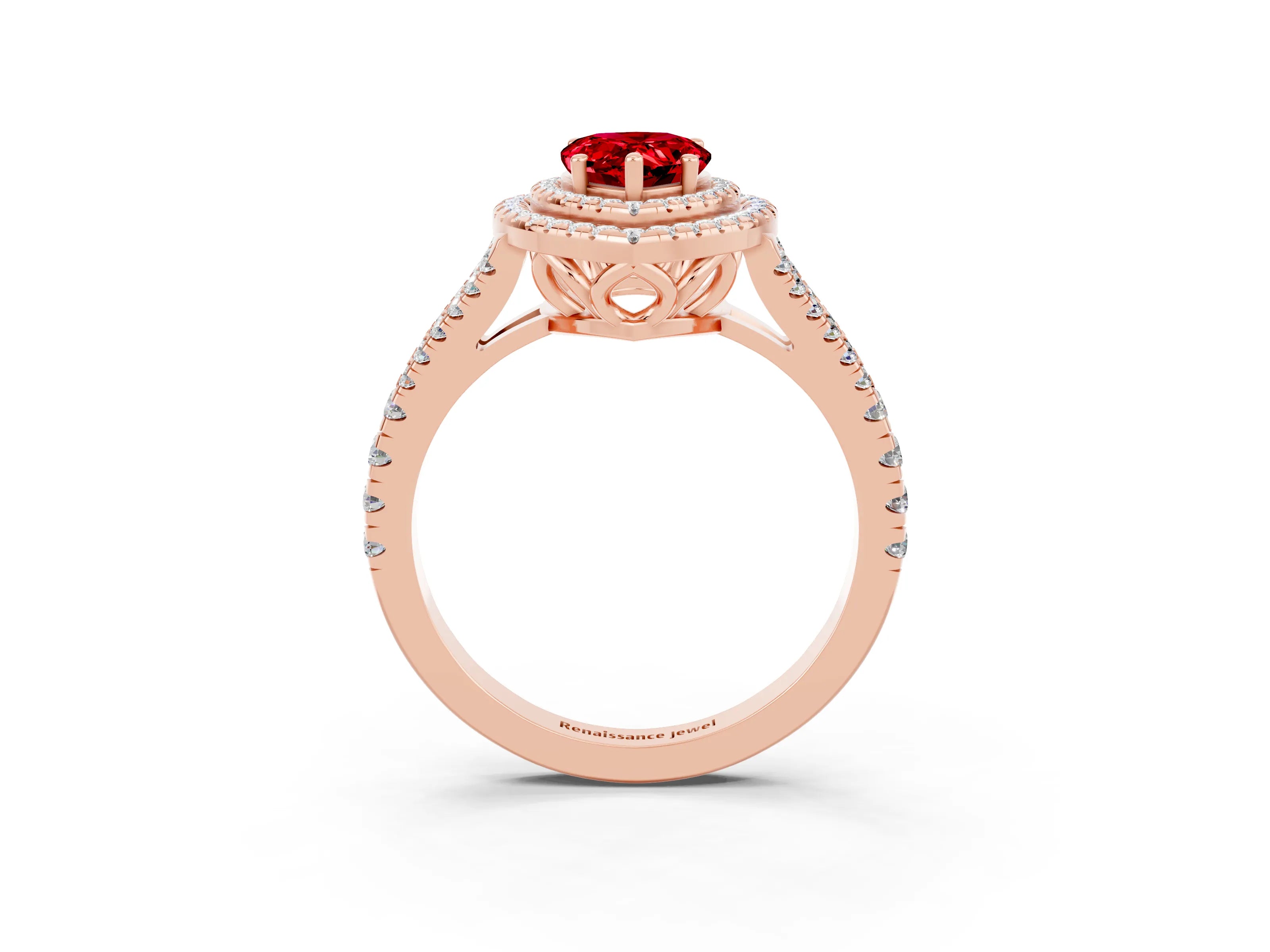 Rose gold Pear Cut Ruby Double Halo Ring with Pavé Band and Prong Setting_15