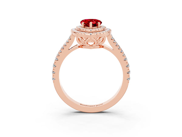Rose gold Pear Cut Ruby Double Halo Ring with Pavé Band and Prong Setting