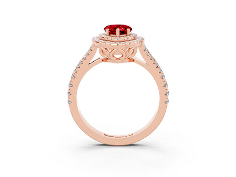 Rose gold Pear Cut Ruby Double Halo Ring with Pavé Band and Prong Setting_15