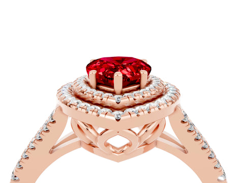 Rose gold Pear Cut Ruby Double Halo Ring with Pavé Band and Prong Setting_16