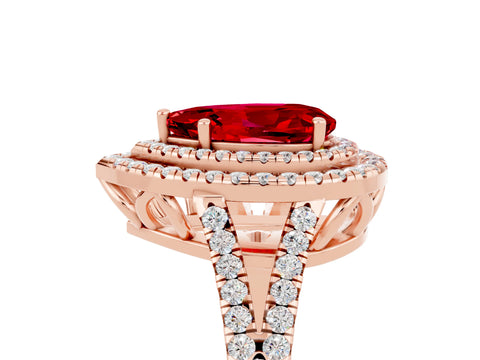 Rose gold Pear Cut Ruby Double Halo Ring with Pavé Band and Prong Setting_17