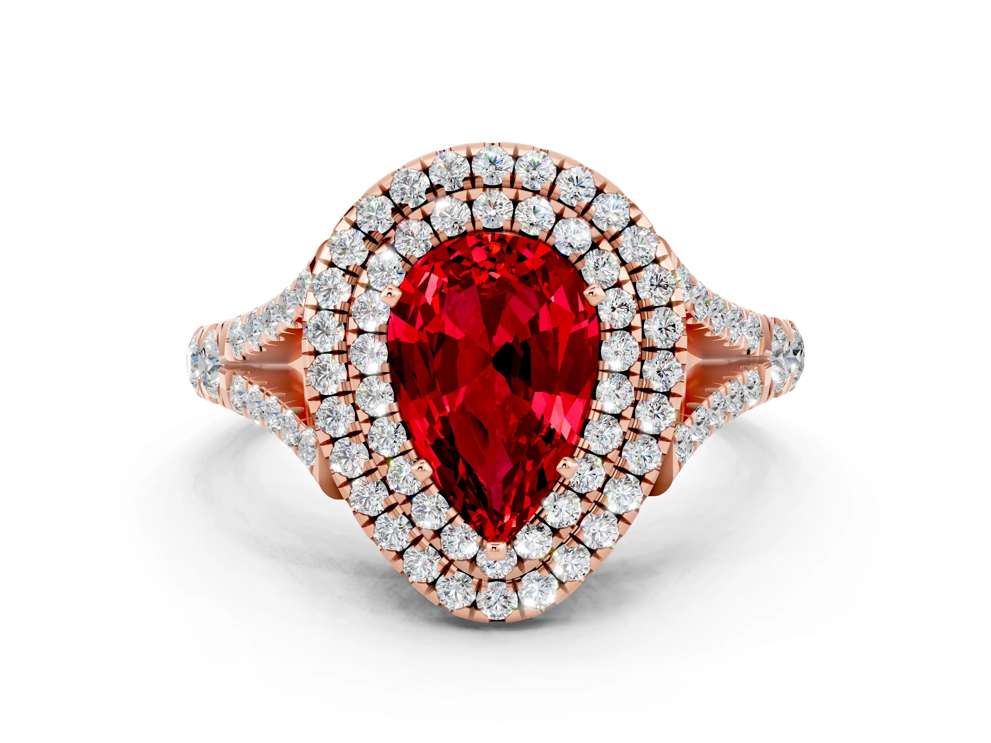 Rose gold Pear Cut Ruby Double Halo Ring with Split Shank and Prong Setting_12