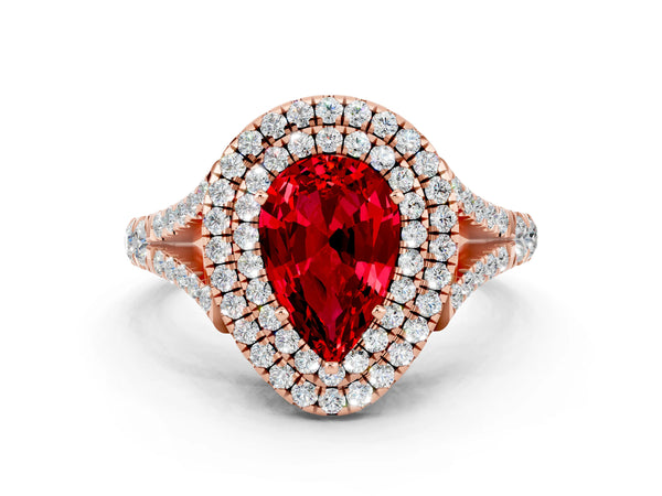 Rose gold Pear Cut Ruby Double Halo Ring with Split Shank and Prong Setting