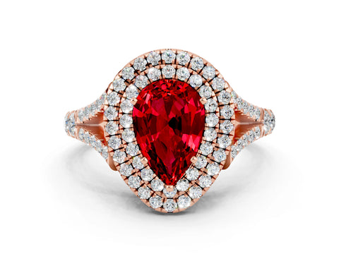 Rose gold Pear Cut Ruby Double Halo Ring with Split Shank and Prong Setting_12