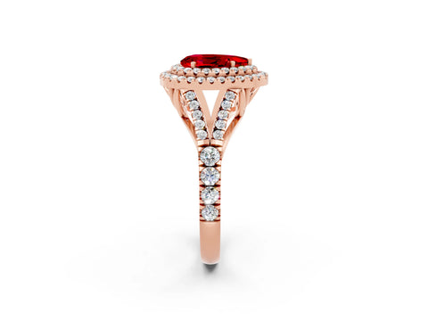Rose gold Pear Cut Ruby Double Halo Ring with Split Shank and Prong Setting_14