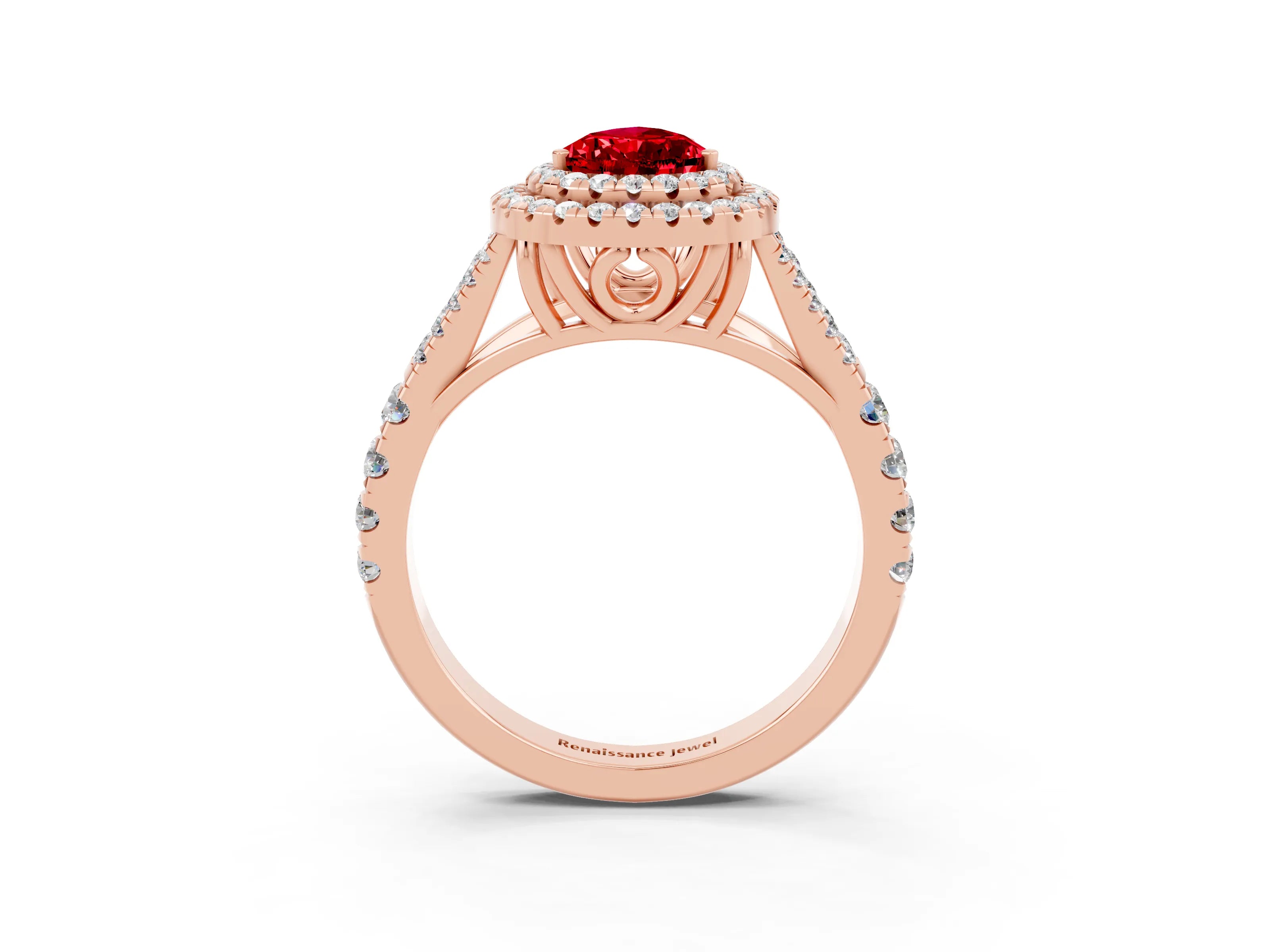 Rose gold Pear Cut Ruby Double Halo Ring with Split Shank and Prong Setting_15