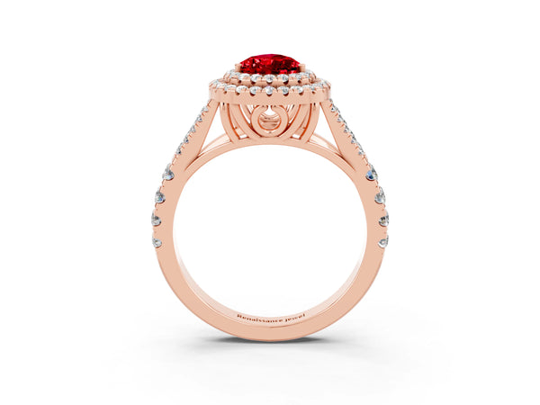 Rose gold Pear Cut Ruby Double Halo Ring with Split Shank and Prong Setting