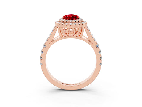 Rose gold Pear Cut Ruby Double Halo Ring with Split Shank and Prong Setting_15