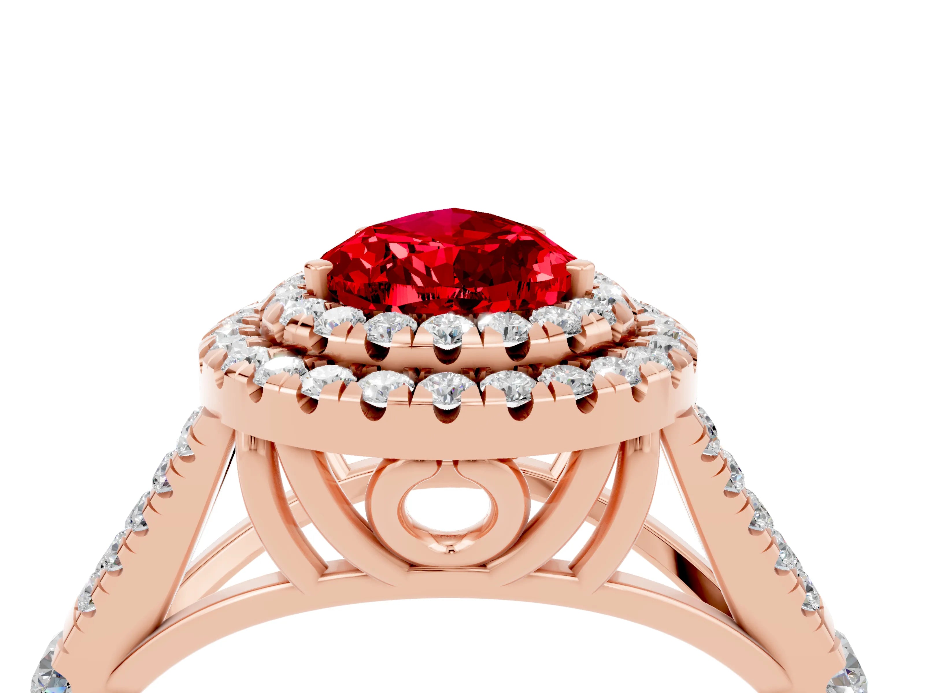 Rose gold Pear Cut Ruby Double Halo Ring with Split Shank and Prong Setting_16