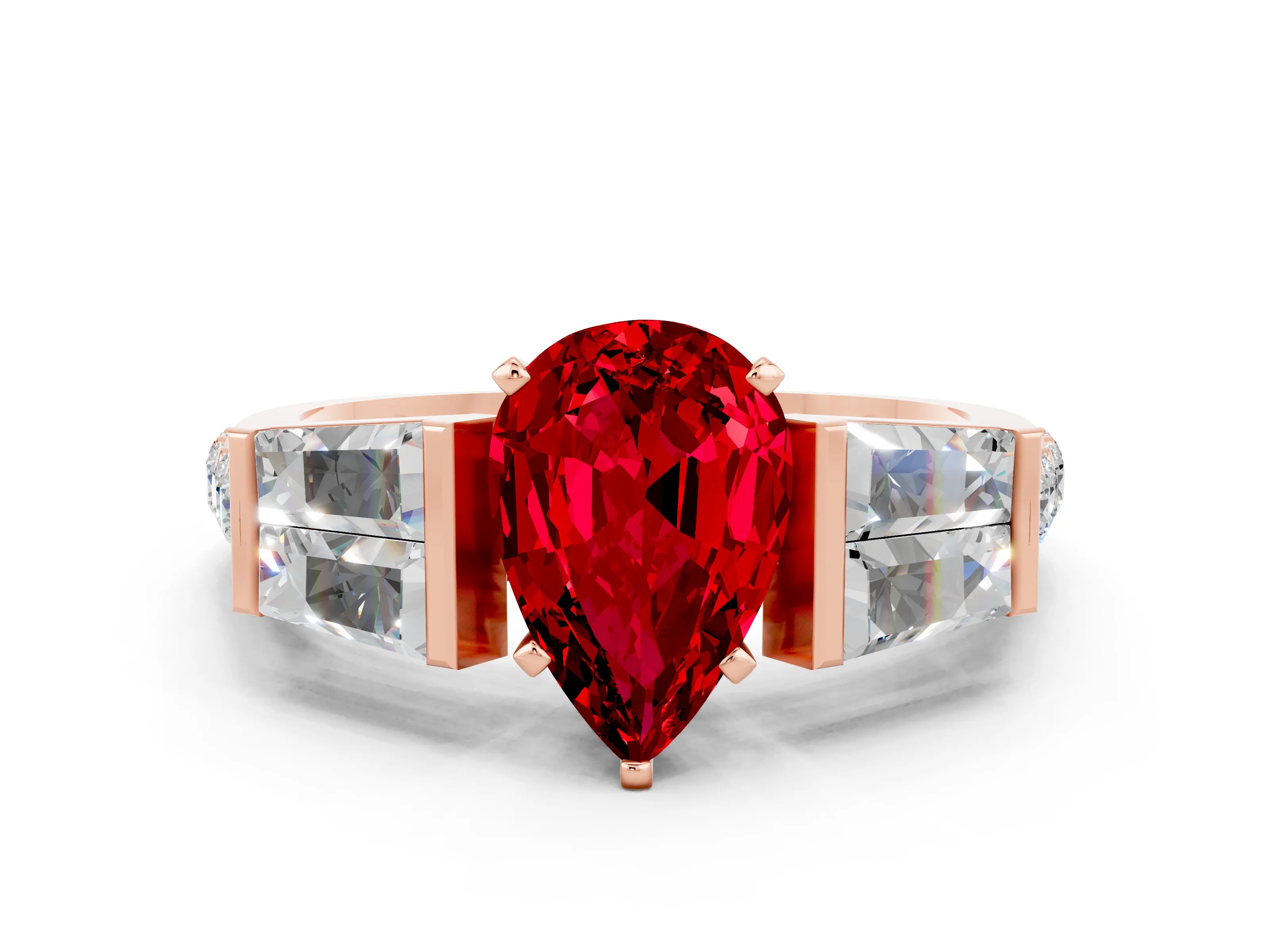 Rose gold Pear Cut Ruby Engagement Ring with Baguette Side Stones and Channel Set Band
