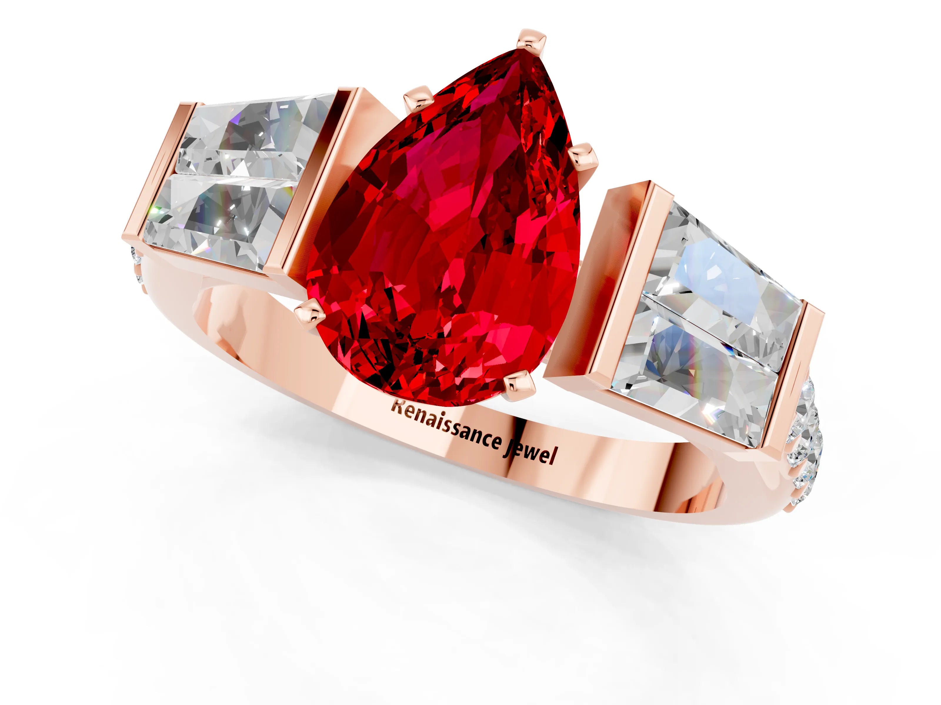 Rose gold Pear Cut Ruby Engagement Ring with Baguette Side Stones and Channel Set Band_1