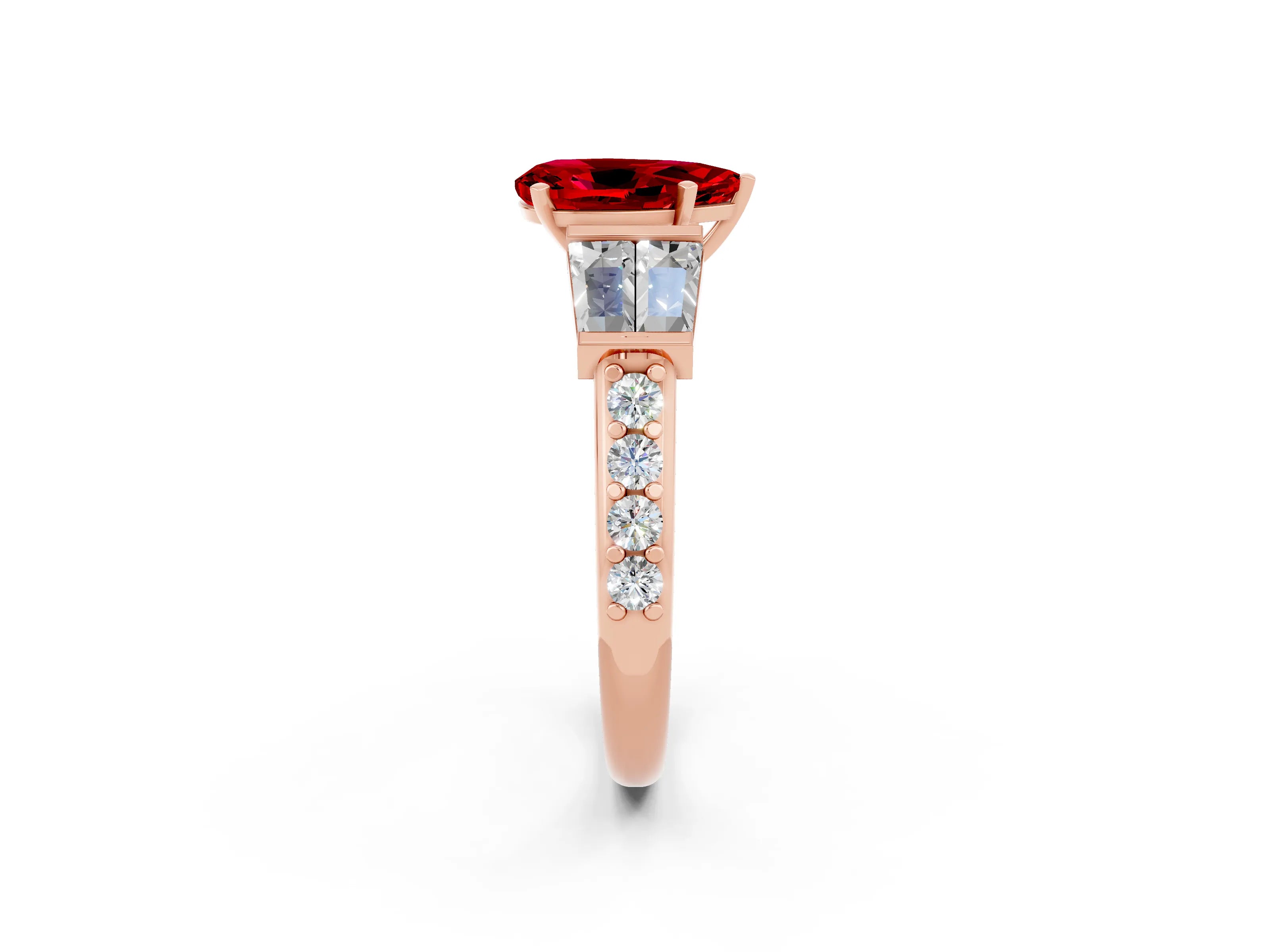 Rose gold Pear Cut Ruby Engagement Ring with Baguette Side Stones and Channel Set Band_2