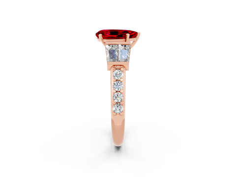 Rose gold Pear Cut Ruby Engagement Ring with Baguette Side Stones and Channel Set Band_2
