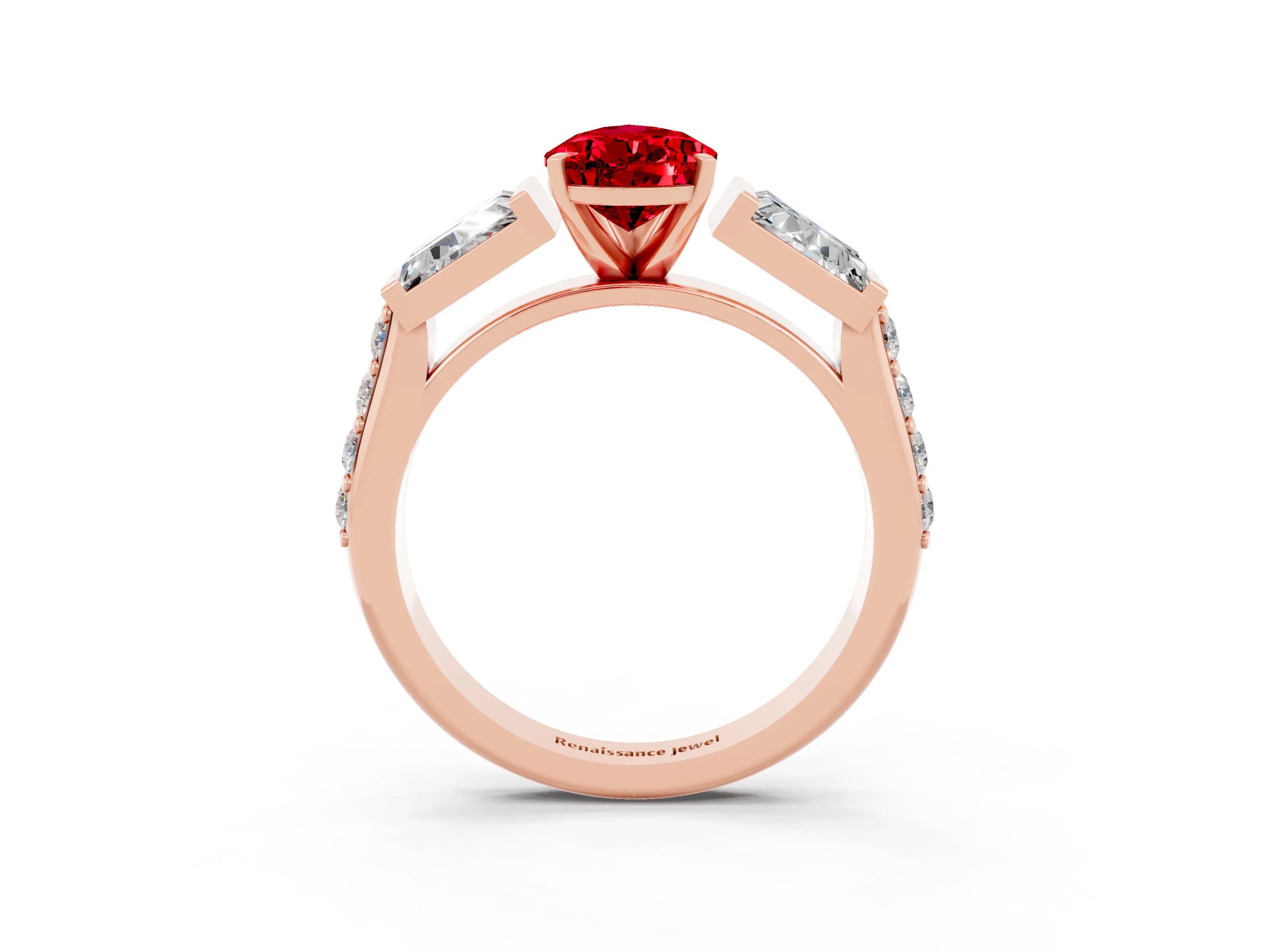 Rose gold Pear Cut Ruby Engagement Ring with Baguette Side Stones and Channel Set Band_3