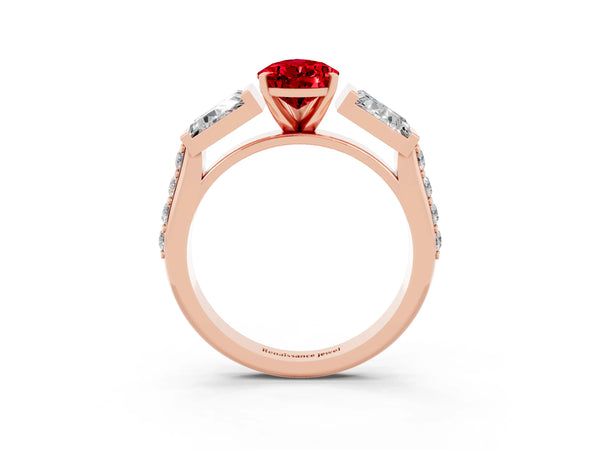 Rose gold Pear Cut Ruby Engagement Ring with Baguette Side Stones and Channel Set Band
