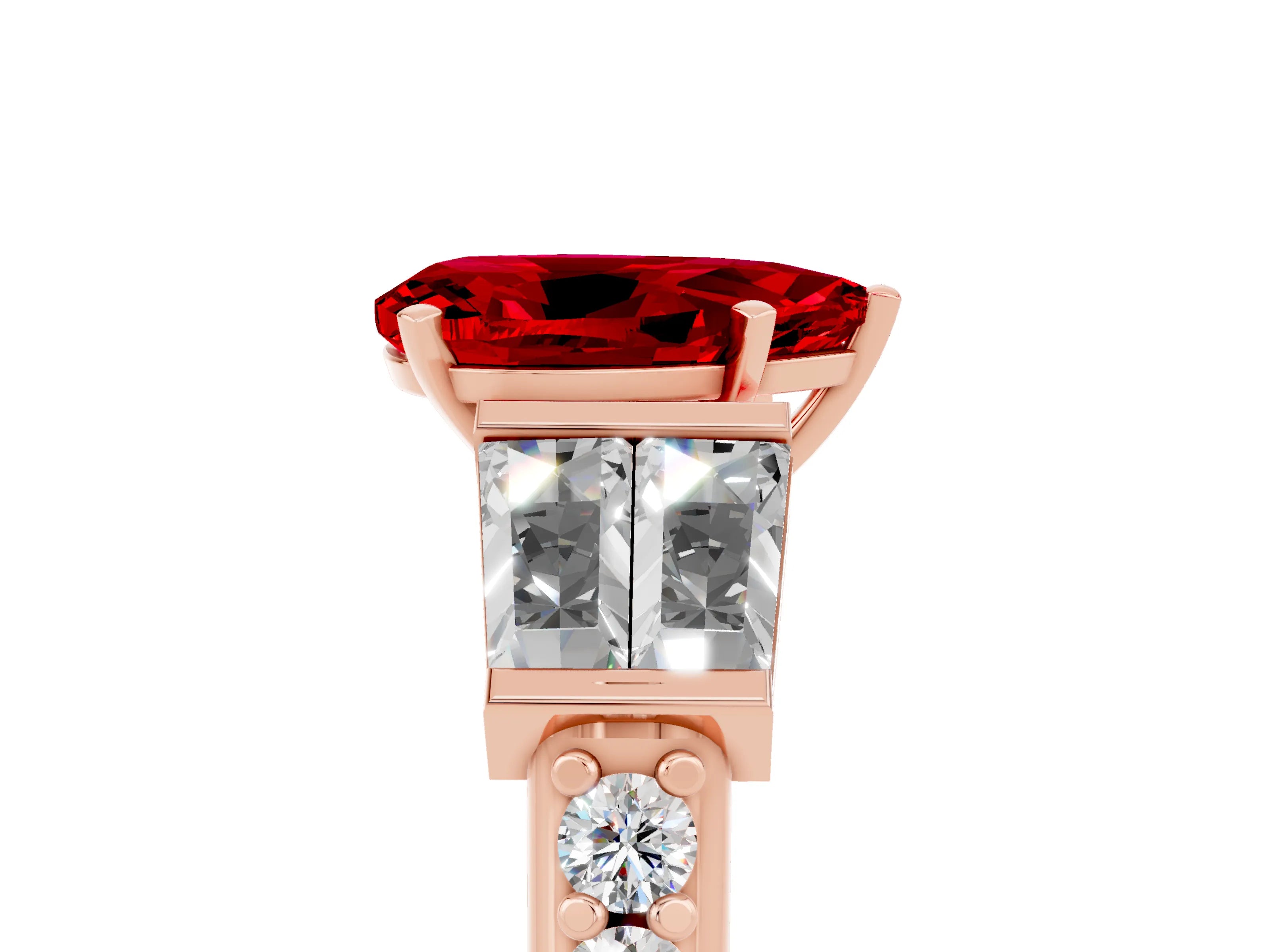 Rose gold Pear Cut Ruby Engagement Ring with Baguette Side Stones and Channel Set Band_5