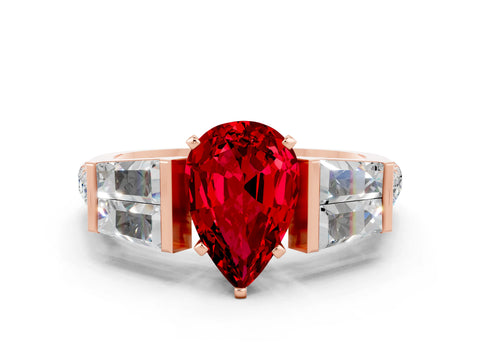 Rose gold Pear Cut Ruby Engagement Ring with Baguette Side Stones and Channel Set Band