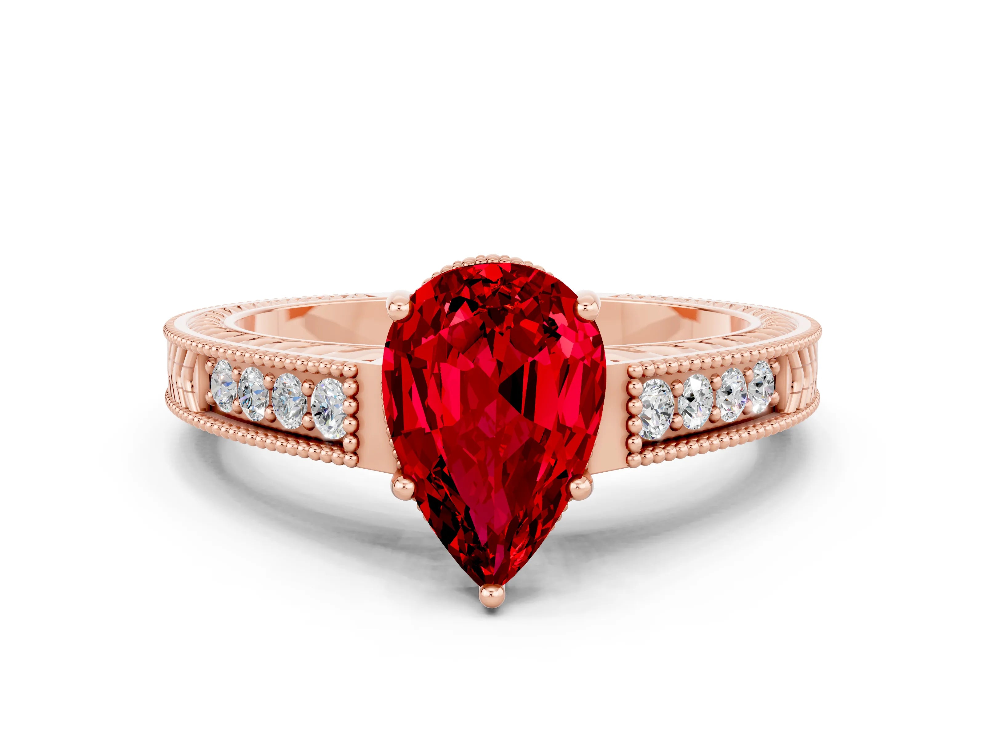 Rose gold Pear Cut Ruby Engagement Ring with Milgrain Channel Set Band and Prong Setting