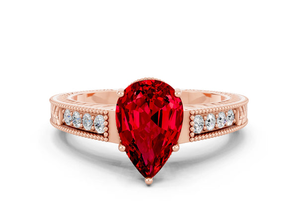 Rose gold Pear Cut Ruby Engagement Ring with Milgrain Channel Set Band and Prong Setting
