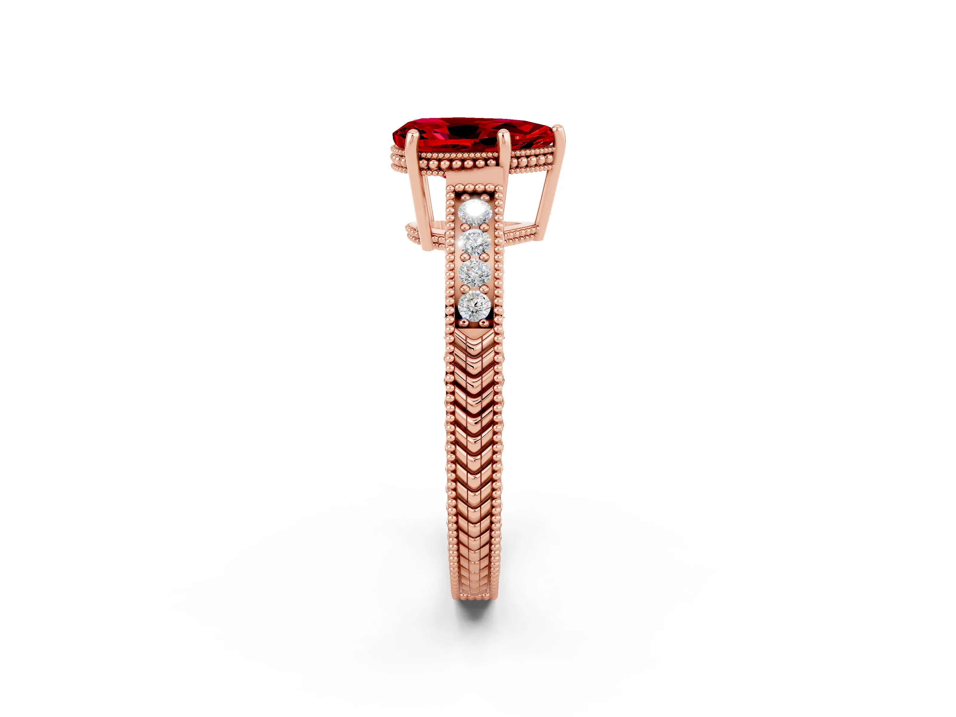 Rose gold Pear Cut Ruby Engagement Ring with Milgrain Channel Set Band and Prong Setting_2
