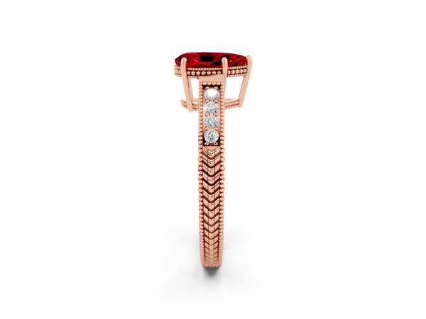 Rose gold Pear Cut Ruby Engagement Ring with Milgrain Channel Set Band and Prong Setting