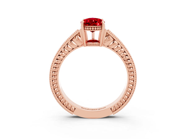 Rose gold Pear Cut Ruby Engagement Ring with Milgrain Channel Set Band and Prong Setting