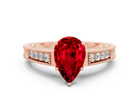 Rose gold Pear Cut Ruby Engagement Ring with Milgrain Channel Set Band and Prong Setting