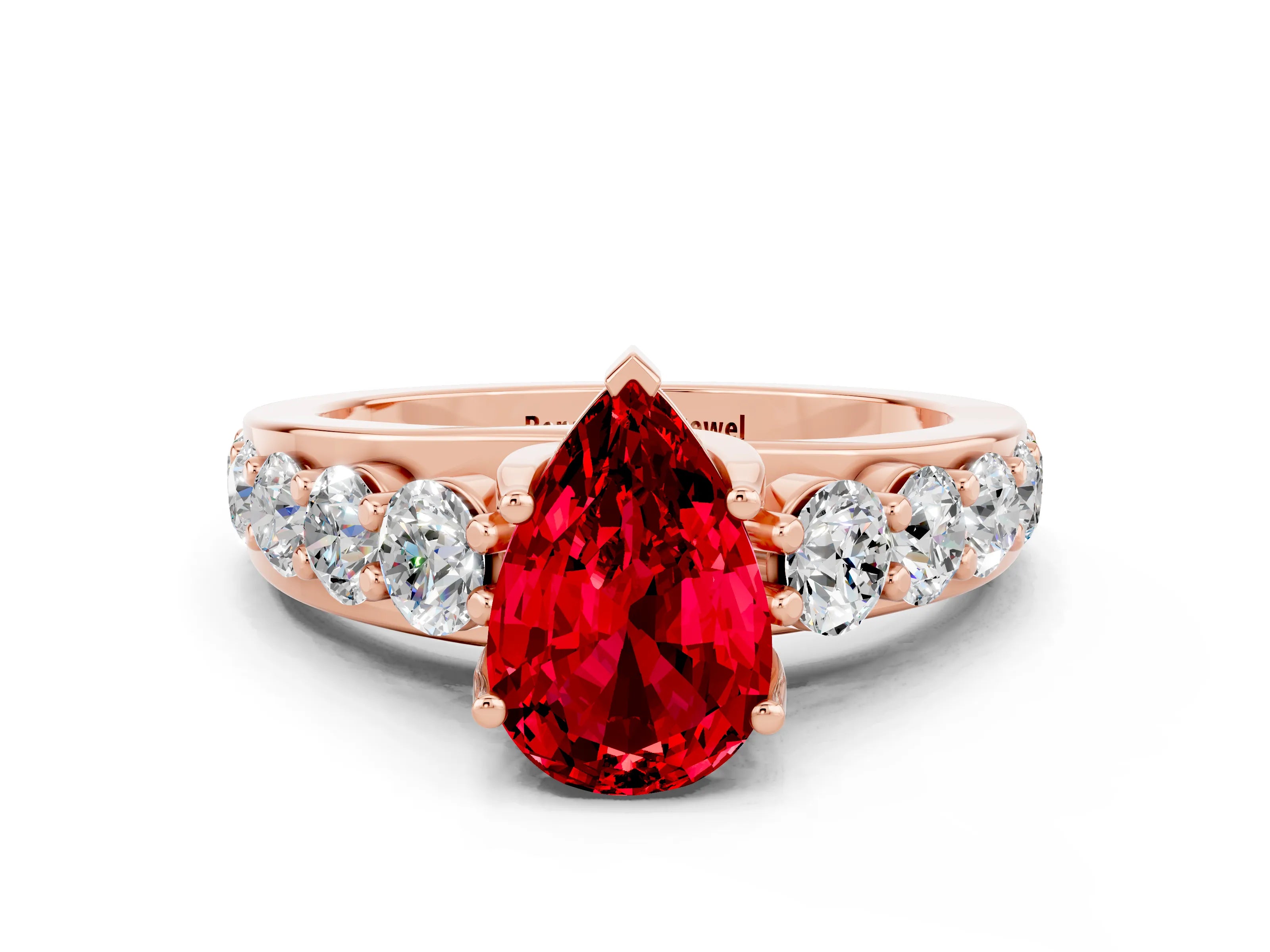 Rose gold Pear Cut Ruby Engagement Ring with Pavé Band and Four-Prong Setting