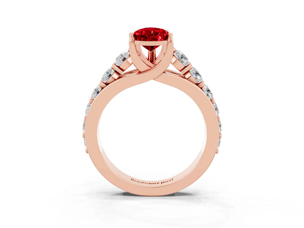 Rose gold Pear Cut Ruby Engagement Ring with Pavé Band and Four-Prong Setting